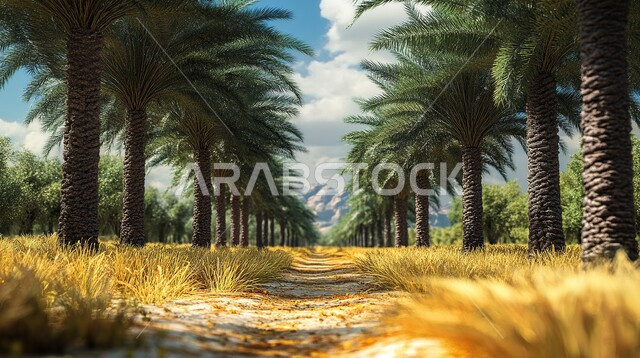  مزارع إنتاج التمور الفاخرة، حقول أشجار النخيل المثمرة في المملكة العربية السعودية، محاصيل ومنتجات وطنية محلية، الأراضي الزراعية و المحميات الطبيعية الخصبة، الاهتمام بالتشجير والزراعة، الرمال الذهبية الناعمة