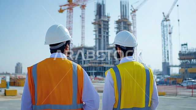 الاشراف على المشاريع المعمارية بشكل مباشر، مفهوم العمل في القطاع الهندسي، مهن ووظائف في المملكة العربية السعودية، التطور و النمو العمراني على أيدي أبناء الوطن، صورة مقربة من الخلف لمهندسين عربيين خليجيين سعوديين يرتديان سترة و خوذة الحماية يقفان في موقع البناء
