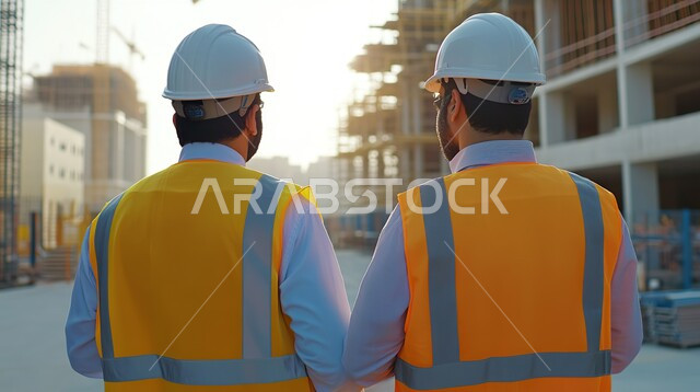 الاشراف على المشاريع المعمارية بشكل مباشر، مفهوم العمل في القطاع الهندسي، مهن ووظائف في المملكة العربية السعودية، التطور و النمو العمراني على أيدي أبناء الوطن، صورة مقربة من الخلف لمهندسين عربيين خليجيين سعوديين يرتديان سترة و خوذة الحماية يقفان في موقع البناء