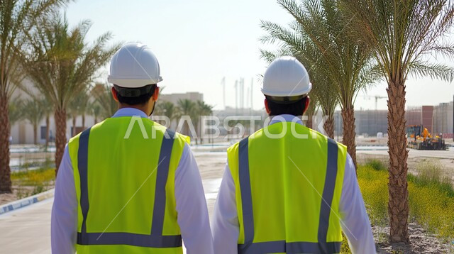 الاشراف على المشاريع المعمارية بشكل مباشر، مفهوم العمل في القطاع الهندسي، مهن ووظائف في المملكة العربية السعودية، التطور و النمو العمراني على أيدي أبناء الوطن، صورة مقربة من الخلف لمهندسين عربيين خليجيين سعوديين يرتديان سترة و خوذة الحماية يقفان في موقع البناء
