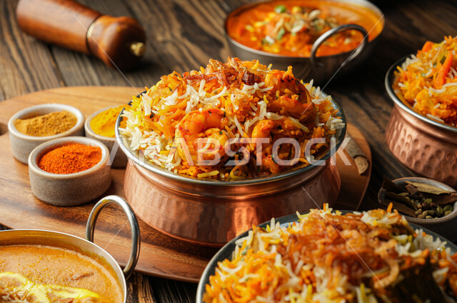 فنون تقديم الطعام في المطاعم الشرقية، طبق من أرز البرياني اللذيذ مع قطع الدجاج على قاعدة خشبية, أكلات شعبية عربية خليجية سعودية، مأكولات وأطباق تقليدية، وصفات طعام لذيذة صحية