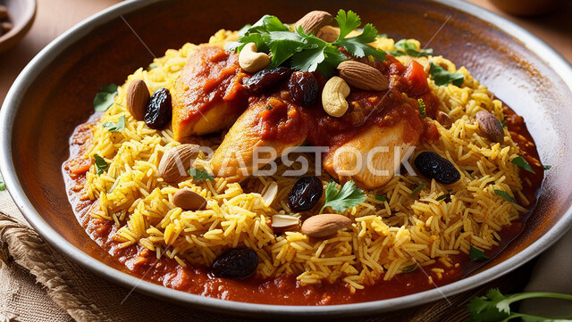 طبق من أرز الكيبولي و قطع الدجاج والخضار الطازجة، أطباق ووجبات عربية تقليدية شعبية، وصفات طعام المطبخ السعودي، مطاعم للمأكولات العربية الشرقية, صحن من رز الكبسة باللحم مع التوابل والمكسرات، فنون تقديم الطعام