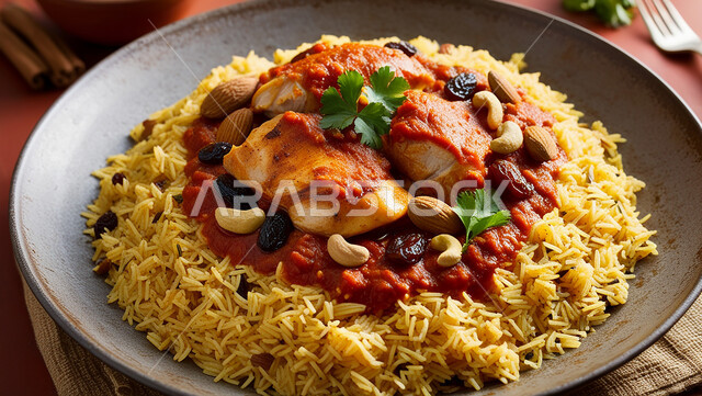 طبق من أرز الكيبولي و قطع الدجاج والخضار الطازجة، أطباق ووجبات عربية تقليدية شعبية، وصفات طعام المطبخ السعودي، مطاعم للمأكولات العربية الشرقية, صحن من رز الكبسة باللحم مع التوابل والمكسرات، فنون تقديم الطعام