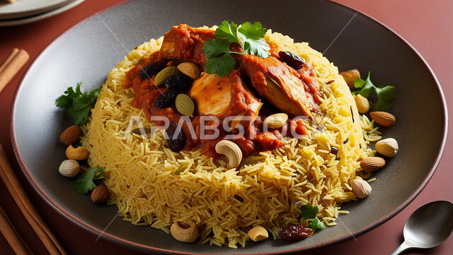 طبق من أرز الكيبولي و قطع الدجاج والخضار الطازجة، أطباق ووجبات عربية تقليدية شعبية، وصفات طعام المطبخ السعودي، مطاعم للمأكولات العربية الشرقية, صحن من رز الكبسة باللحم مع التوابل والمكسرات، فنون تقديم الطعام