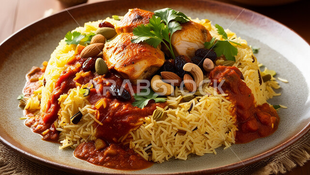 طبق من أرز الكيبولي و قطع الدجاج والخضار الطازجة، أطباق ووجبات عربية تقليدية شعبية، وصفات طعام المطبخ السعودي، مطاعم للمأكولات العربية الشرقية, صحن من رز الكبسة باللحم مع التوابل والمكسرات، فنون تقديم الطعام