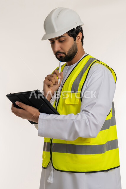 إنجاز مهام العمل عن بعد، الأجهزة التقنية الحديثة، تدوين وتسجيل الملاحظات, إدارة المشاريع الهندسية، بورتريه لمهندس عربي خليجي إماراتي يرتدي الكندورة وسترة الحماية يقوم باستخدام الجهاز اللوحي يضع القلم على ذقنه بإيماءات التفكير، محاولة تذكر شيء ما، خلفية بيضاء