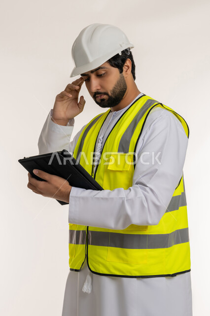 محاولة تذكر شيء ما، إدارة المشاريع الهندسية، بورتريه لمهندس عربي خليجي إماراتي يرتدي الكندورة والخوذة وسترة الحماية يقوم باستخدام الجهاز اللوحي يضع يده على رأسه بإيماءات التفكير، إنجاز مهام العمل عن بعد، أجهزة تقنية حديثة، تدوين وتسجيل الملاحظات, خلفية بيضاء