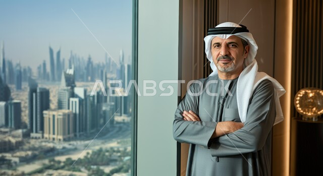 المهن والوظائف في الإمارات العربية المتحدة، التطور في تصميم المكاتب والشركات الراقية، العمل في القطاع الإداري والمكتبي، رجل عربي خليجي إماراتي يرتدي الكندورة والغترة يقف بايدي متقاطعة بايماءات السعادة بجانب النوافذ الزجاجية المطلة على الأبراج وناطحات السحاب