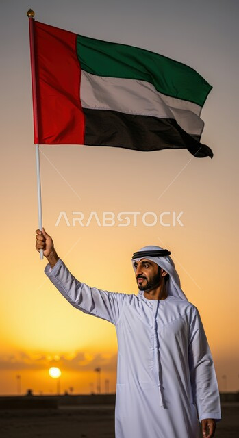ذكرى استقلال الإمارات 1971، هوية اليوم الوطني الاماراتي 2 ديسمبر،  رجل عربي خليجي إماراتي مبتسم يرتدي الكندورة والغترة يقف في الصحراء يحمل علم الإمارات بتعابير المحبة والفخر، الحب والانتماء للوطن، الرمال الذهبية الناعمة، الاحتفال بالأعياد والمناسبات الوطنية