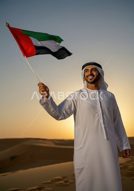 ذكرى استقلال الإمارات 1971، هوية اليوم الوطني الاماراتي 2 ديسمبر،  رجل عربي خليجي إماراتي مبتسم يرتدي الكندورة والغترة يقف في الصحراء يحمل علم الإمارات بتعابير المحبة والفخر، الحب والانتماء للوطن، الرمال الذهبية الناعمة، الاحتفال بالأعياد والمناسبات الوطنية