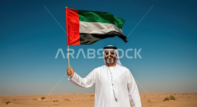ذكرى استقلال الإمارات 1971، هوية اليوم الوطني الاماراتي 2 ديسمبر،  رجل عربي خليجي إماراتي مبتسم يرتدي الكندورة والغترة يقف في الصحراء يحمل علم الإمارات بتعابير المحبة والفخر، الحب والانتماء للوطن، الرمال الذهبية الناعمة، الاحتفال بالأعياد والمناسبات الوطنية