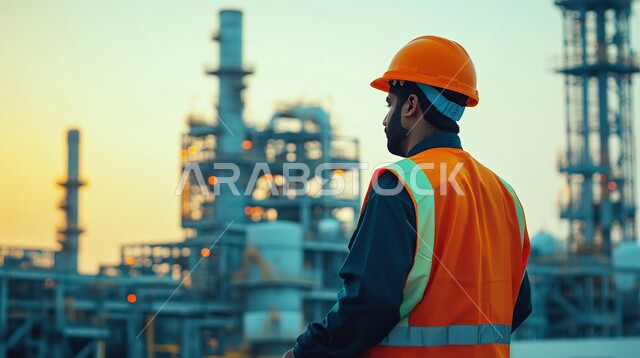 متابعة سير الاعمال في المصانع والمعامل، صوره مقربه  لمهندس عربي خليجيي سعودي يعمل في مصنع تكرير النفط ، العمل في مجال الصناعات والمشاريع البيتروكيماوية، خطوط الأنابيب والكابلات الفولاذية، مفهوم إنتاجية الغاز في المملكة العربية السعودية
