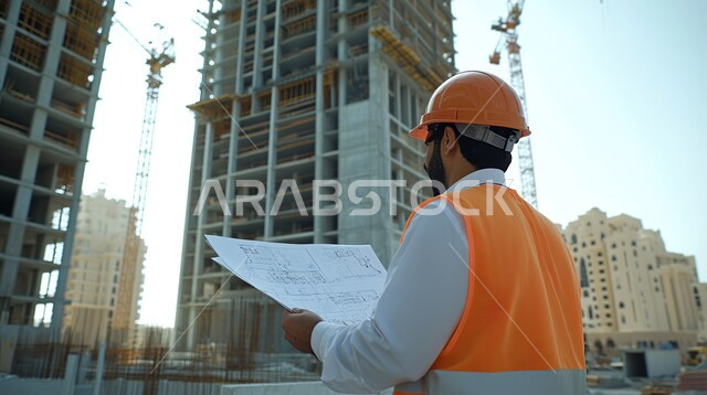 مفهوم الإشراف على المشاريع, العمل في القطاع الهندسي, مهن ووظائف هندسية, التطور و النمو في مجال الهندسة في المملكة العربية السعودية، صورة من الخلف لمهندس عربي خليجي سعودي يرتدي خوذة الحماية يقف في موقع العمل و يحمل بيديه المخططات