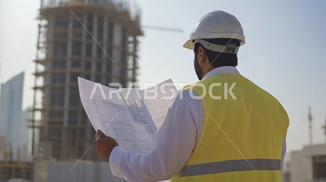 مفهوم الإشراف على المشاريع, العمل في القطاع الهندسي, مهن ووظائف هندسية, التطور و النمو في مجال الهندسة في المملكة العربية السعودية، صورة من الخلف لمهندس عربي خليجي سعودي يرتدي خوذة الحماية يقف في موقع العمل و يحمل بيديه المخططات