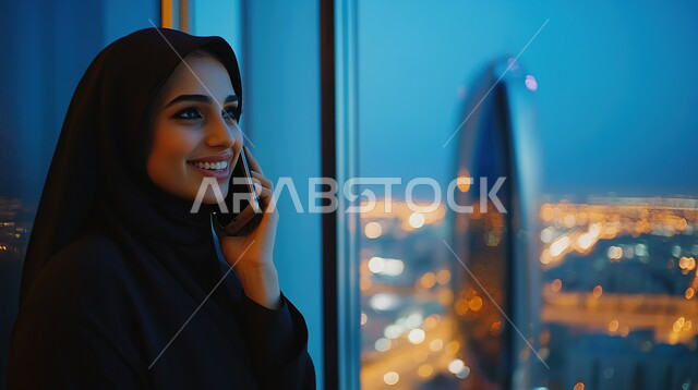 تطبيقات الهواتف الذكية، صورة مقربة لسيدة عربية خليجية سعودية مبتسمة تحمل بيدها هاتف محمول، قضاء اوقات ممتعة بتبادل الاخبار والأحاديث، التواصل والاطمئنان على الأصدقاء, الإجابة والرد على الرسائل