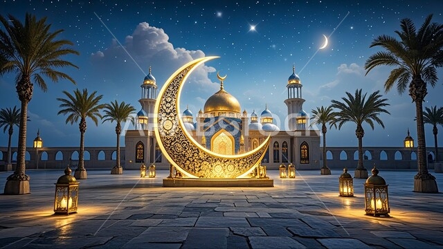 Spiritual atmosphere in holy days, crescent moon of holy month, traditional hanging Arabic lanterns, architectural art of building mosques in Saudi Arabia, joy of the coming of holy Ramadan, decorations and decorations for celebrating Islamic religious occasions