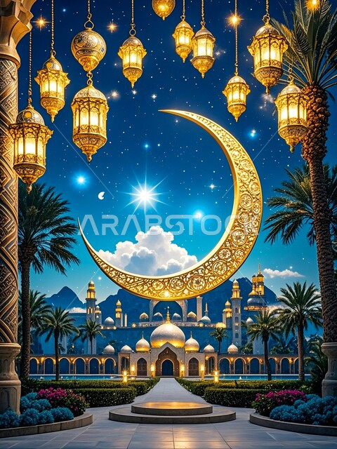 الفن الهندسي المعماري لبناء المساجد في المملكة العربية السعودية, هلال الشهر الفضيل، فوانيس عربية تقليدية معلقة, البهجة بقدوم رمضان المبارك، زينة وديكورات الاحتفال بالمناسبات الدينية الإسلامية, الأجواء الروحانية في الأيام الفضيلة