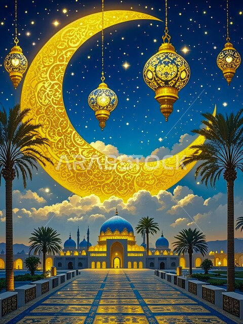 فوانيس عربية تقليدية معلقة, الفن الهندسي المعماري لبناء المساجد في المملكة العربية السعودية, هلال الشهر الفضيل، البهجة بقدوم رمضان المبارك، زينة وديكورات الاحتفال بالمناسبات الدينية الإسلامية, الأجواء الروحانية في الأيام الفضيلة