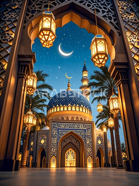 البهجة بقدوم رمضان المبارك، فوانيس عربية تقليدية معلقة, الفن الهندسي المعماري لبناء المساجد في المملكة العربية السعودية, هلال الشهر الفضيل، زينة وديكورات الاحتفال بالمناسبات الدينية الإسلامية, الأجواء الروحانية في الأيام الفضيلة