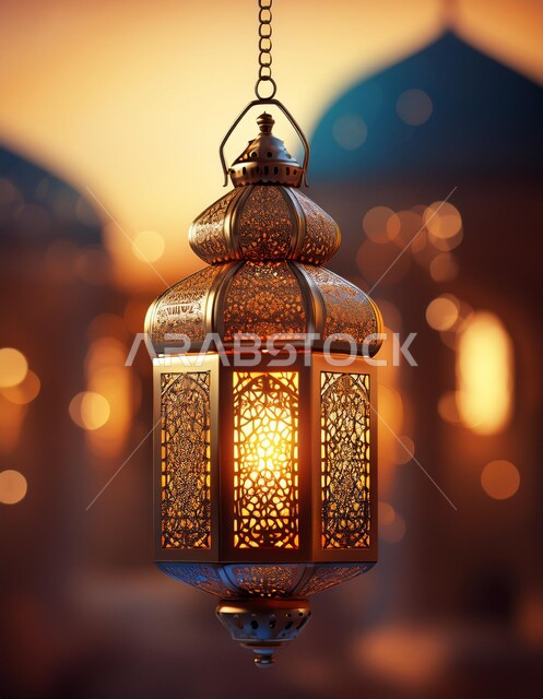 البهجة بقدوم رمضان المبارك، فانوس عربي تقليدي معدني مضيء معلق، تحف وديكورات تقليدية, الأجواء الروحانية في الأيام الفضيلة، العادات والتقاليد العربية في زينة وديكورات الاحتفال بالمناسبات الدينية الإسلامية
