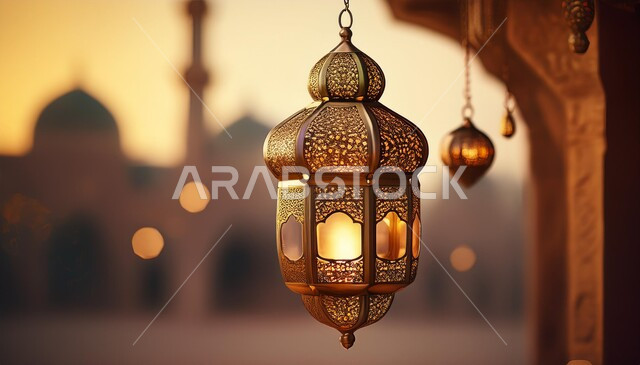 العادات والتقاليد العربية في زينة وديكورات الاحتفال بالمناسبات الدينية الإسلامية، الأجواء الروحانية في الأيام الفضيلة، فانوس عربي تقليدي معدني مضيء معلق، تحف وديكورات تقليدية, البهجة بقدوم رمضان المبارك