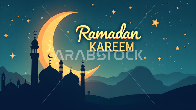 الأجواء الرمضانية الروحانية, الفن الهندسي المعماري لبناء المساجد في المملكة العربية السعودية, مخطوطة رمضان كريم باللغة الإنجليزية، صورة ظلية لمسجد على الطراز العربي الإسلامي, منظر هلال الشهر الفضيل وسط السماء المليئة بالنجوم، سالوليت