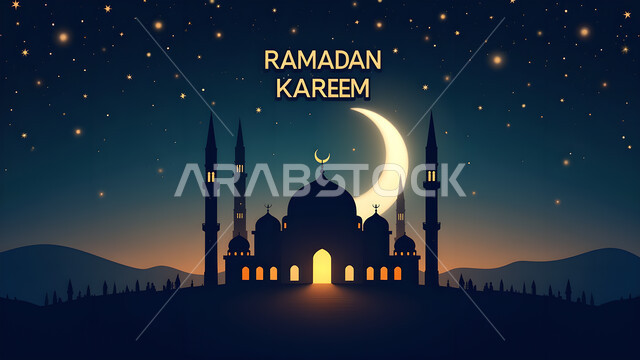 الفن الهندسي المعماري لبناء المساجد في المملكة العربية السعودية, مخطوطة رمضان كريم باللغة الإنجليزية، الأجواء الرمضانية الروحانية, صورة ظلية لمسجد على الطراز العربي الإسلامي, منظر هلال الشهر الفضيل وسط السماء المليئة بالنجوم، سالوليت