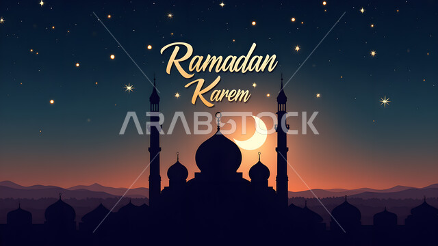 مخطوطة رمضان كريم باللغة الإنجليزية، الأجواء الرمضانية الروحانية, صورة ظلية لمسجد على الطراز العربي الإسلامي, الفن الهندسي المعماري لبناء المساجد في المملكة العربية السعودية, منظر هلال الشهر الفضيل وسط السماء المليئة بالنجوم، سالوليت