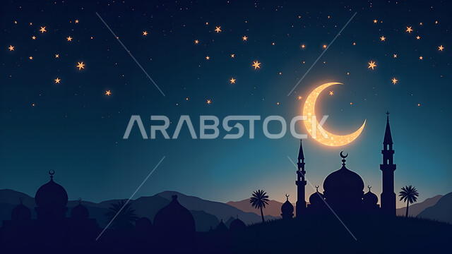 منظر هلال الشهر الفضيل وسط السماء المليئة بالنجوم، صورة ظلية لمسجد على الطراز العربي الإسلامي, تصاميم وديكورات للقبب والمآذن، أماكن دينية لأداء الصلوات والعبادة، الفن الهندسي المعماري لبناء المساجد في المملكة العربية السعودية، سالوليت