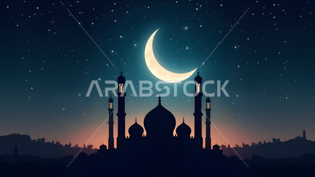 تصاميم وديكورات للقبب والمآذن، أماكن دينية لأداء الصلوات والعبادة، الفن الهندسي المعماري لبناء المساجد في المملكة العربية السعودية، صورة ظلية لمسجد على الطراز العربي الإسلامي, منظر هلال الشهر الفضيل وسط السماء المليئة بالنجوم، سالوليت