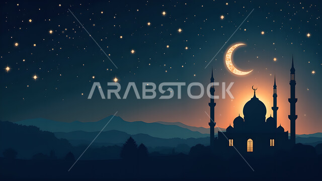 أماكن دينية لأداء الصلوات والعبادة، الفن الهندسي المعماري لبناء المساجد في المملكة العربية السعودية، صورة ظلية لمسجد على الطراز العربي الإسلامي, تصاميم وديكورات للقبب والمآذن، منظر هلال الشهر الفضيل وسط السماء المليئة بالنجوم، سالوليت