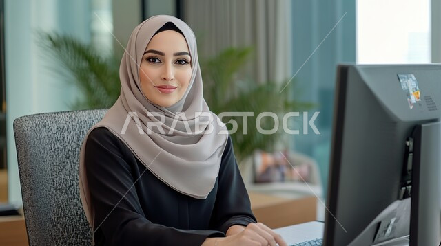 استخدام الأجهزة التكنولوجية الحديثة والمتطورة، الشركات والمكاتب في المملكة العربية السعودية، مهن ووظائف ادارية مكتبية, النظر إلى الكاميرا بإيماءات البهجة والسرور، إدارة شؤون الأعمال وتنظيمها، موظفة عربية خليجية سعودية محجبة تقوم بالعمل على الحاسوب داخل المكتب