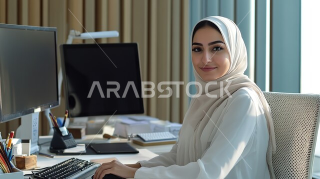 استخدام الأجهزة التكنولوجية الحديثة والمتطورة، الشركات والمكاتب في المملكة العربية السعودية، مهن ووظائف ادارية مكتبية, النظر إلى الكاميرا بإيماءات البهجة والسرور، إدارة شؤون الأعمال وتنظيمها، موظفة عربية خليجية سعودية محجبة تقوم بالعمل على الحاسوب داخل المكتب