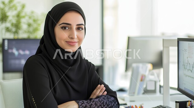 استخدام الأجهزة التكنولوجية الحديثة والمتطورة، الشركات والمكاتب في المملكة العربية السعودية، مهن ووظائف ادارية مكتبية, النظر إلى الكاميرا بإيماءات البهجة والسرور، إدارة شؤون الأعمال وتنظيمها، موظفة عربية خليجية سعودية محجبة تقوم بالعمل على الحاسوب داخل المكتب
