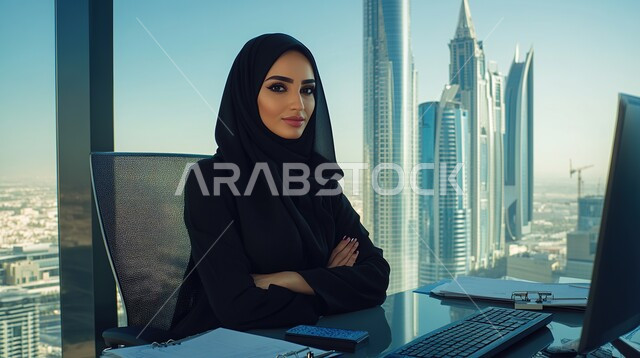 استخدام الأجهزة التكنولوجية الحديثة والمتطورة، الشركات والمكاتب في المملكة العربية السعودية، مهن ووظائف ادارية مكتبية, النظر إلى الكاميرا بإيماءات البهجة والسرور، إدارة شؤون الأعمال وتنظيمها، موظفة عربية خليجية سعودية محجبة تقوم بالعمل على الحاسوب داخل المكتب