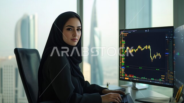 Stock market charts, using modern and advanced technical means to accomplish tasks, managing and organizing business within the company's headquarters, women's office jobs and professions, a Saudi Arabian Gulf woman wearing a black abaya working on a laptop, the field of finance and business