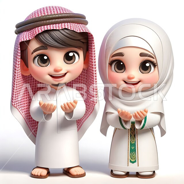 النظر إلى الكاميرا بإيماءات السعادة والسرور, مفهوم الترابط الأسري, رسوم كرتونية توضيحية ثلاثية الأبعاد لرجل عربي خليجي سعودي يرتدي الثوب التقليدي والشماغ يقف مع زوجته ويرفعا يديهما بتعابير الدعاء, خلفية بيضاء