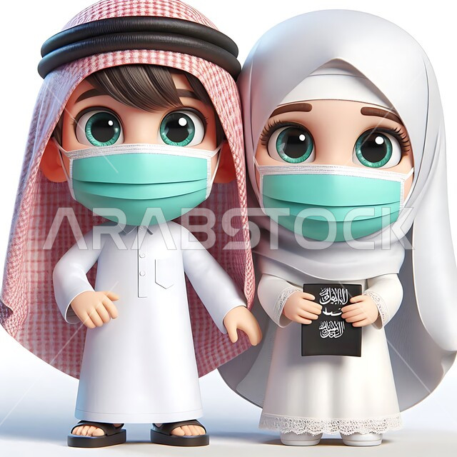 القيام بالإجراءات الوقائية للحد من انتشار فايروس كورونا, مفهوم الحفاظ على السلامة, رسوم كرتونية توضيحية ثلاثية الأبعاد لرجل عربي خليجي سعودي يرتدي الثوب التقليدي والشماغ يقف مع زوجته ويضعان الكمامة, خلفية بيضاء