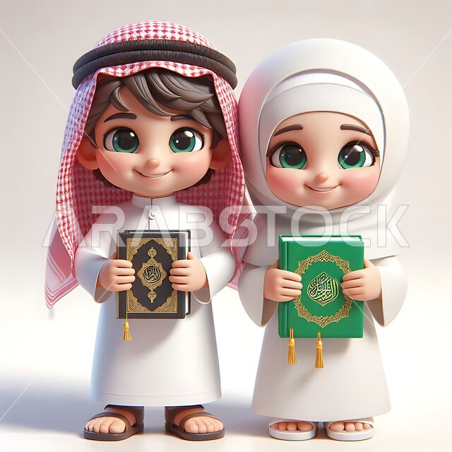 The concept of worship and getting closer to Allah Almighty, looking at the camera with gestures of happiness and pleasure, 3D cartoon illustration of a Saudi Arabian Gulf man wearing traditional thobe and shemagh standing with his wife holding the Holy Quran, white background