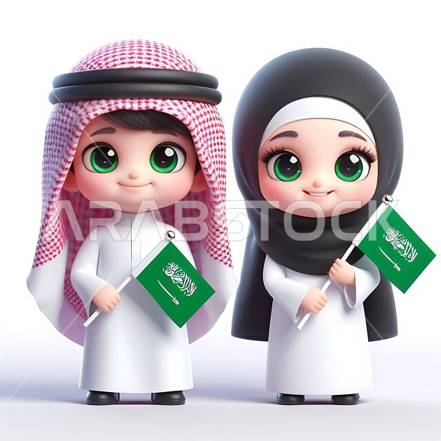 الاحتفال بالأعياد والمناسبات الوطنية, استذكار اليوم الوطني السعودي 23 سبتمبر, يوم العلم 11 مارس, رسوم كرتونية توضيحية ثلاثية الأبعاد لرجل عربي خليجي سعودي يرتدي الثوب التقليدي والشماغ يقف مع زوجته ويحملان علم المملكة العربية السعودية, خلفية بيضاء