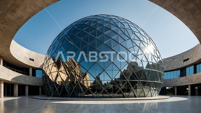 الفنون الهندسية المعمارية للمباني على الطراز الحديث, منظر انعكاس السماء الزرقاء على القبة الزجاجية, التصاميم الحديثة المميزة للعمارات والأبنية في المملكة العربية السعودية