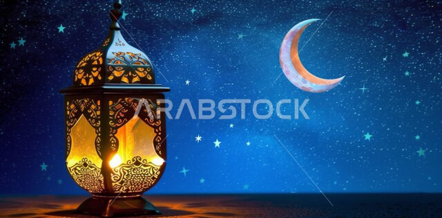 البهجة بقدوم رمضان المبارك, زينة واكسسوارات شهر الخير, فانوس معدني مزخرف مضيء, الأجواء الرمضانية الروحانية, مصابيح وأنوار عربية تقليدية, الاحتفال بالمناسبات الدينية الإسلامية, خلفية القمر في السماء