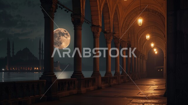 Distinctive designs of mosque columns and arches in the Islamic style, architectural engineering art of a mosque in the Kingdom of Saudi Arabia, the concept of worship and drawing closer to God Almighty, the call of Muslims to perform the duties and prayers