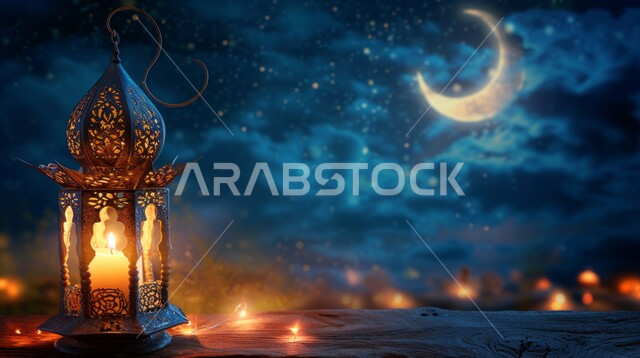 البهجة بقدوم رمضان المبارك, زينة واكسسوارات شهر الخير, فانوس معدني مزخرف مضيء, الأجواء الرمضانية الروحانية, مصابيح وأنوار عربية تقليدية, الاحتفال بالمناسبات الدينية الإسلامية, خلفية القمر في السماء