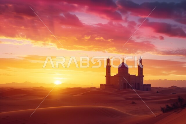 تصاميم قبب ومآذن المساجد على الطراز الإسلامي, الرمال الذهبية الناعمة في المناطق الصحراوية, الفن الهندسي المعماري لمسجد في الصحراء وقت الغروب, مفهوم العبادة والتقرب إلى الله تعالى, نداء المسلمين لأداء الفرائض والصلوات
