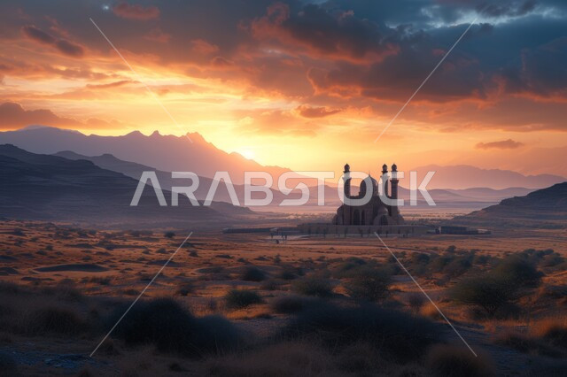 نداء المسلمين لأداء الفرائض والصلوات, تصاميم قبب ومآذن المساجد على الطراز الإسلامي, الرمال الذهبية الناعمة في المناطق الصحراوية, الفن الهندسي المعماري لمسجد في الصحراء وقت الغروب, مفهوم العبادة والتقرب إلى الله تعالى