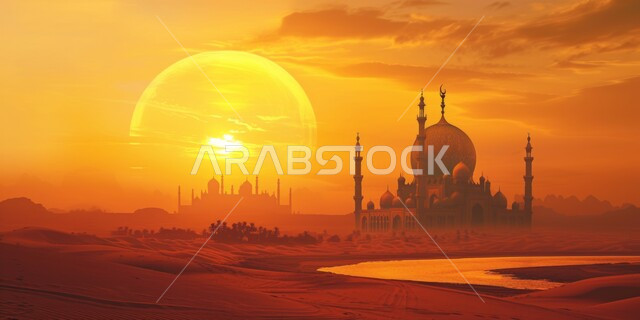الفن الهندسي المعماري لمسجد في الصحراء وقت الغروب, مفهوم العبادة والتقرب إلى الله تعالى, نداء المسلمين لأداء الفرائض والصلوات, تصاميم قبب ومآذن المساجد على الطراز الإسلامي, الرمال الذهبية الناعمة في المناطق الصحراوية