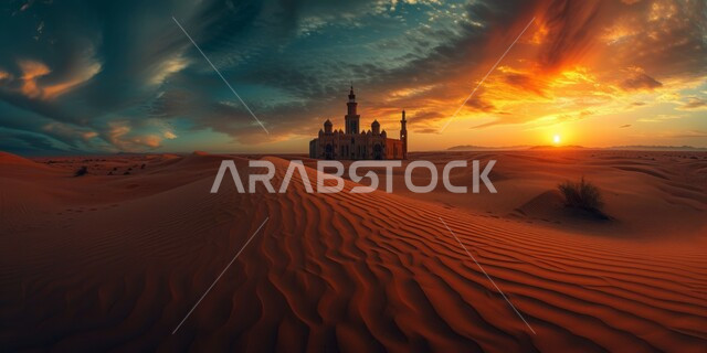 The concept of worship and drawing closer to God Almighty, the call of Muslims to perform religious duties and prayers, designs of mosque domes and minarets in the Islamic style, soft golden sands in desert areas, architectural engineering art of a mosque in the desert at sunset