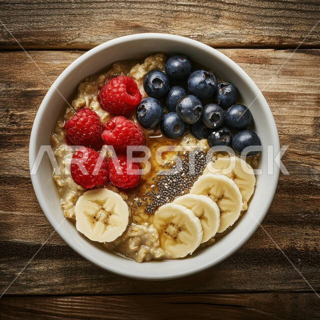 فطور صباحي مفيد, وجبات الإفطار الصحية اللذيذة, صورة مقربة لطبق من دقيق الشوفان مع الموز والتوت الأزرق والأحمر وبذور الشيا على طاولة خشبية, فنون تقديم الطعام في مطاعم ومطابخ المملكة العربية السعودية