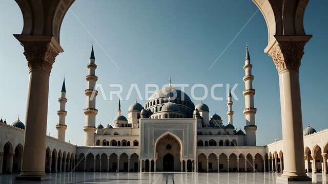 Muslims' call to prayer, places for performing religious duties and prayers, domes and minarets in the Islamic style, the concept of worship and drawing closer to God Almighty, the architectural engineering art of a mosque in the Kingdom of Saudi Arabia, modern exterior designs and decorations for building mosques
